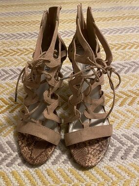 Lace-Up Suede Cutout Sandals in Tan